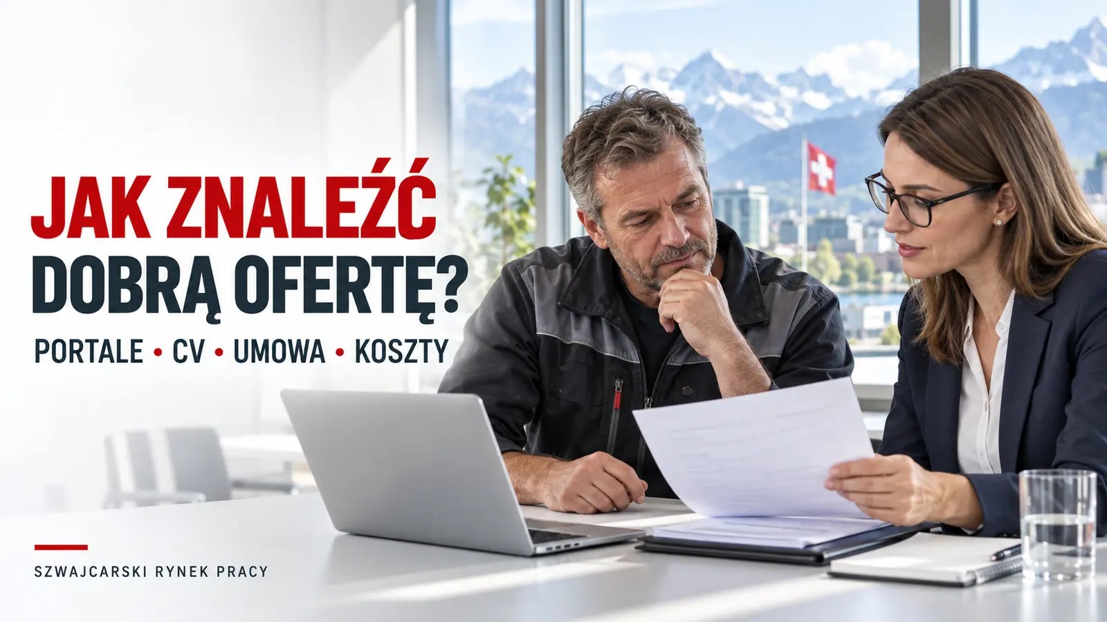 Dwie osoby sprawdzają ofertę pracy na laptopie i w dokumentach