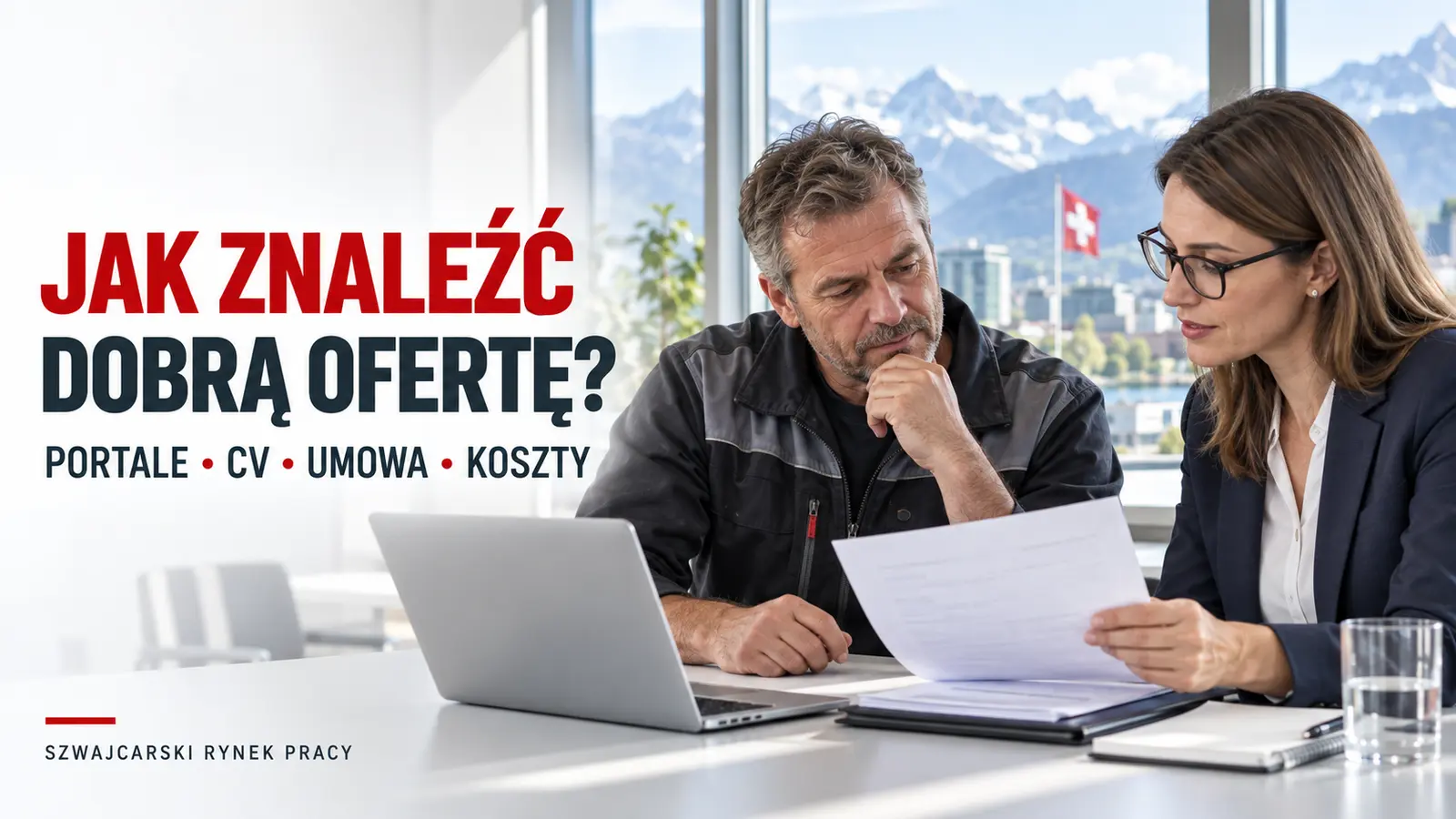 Doświadczony pracownik analizujący szwajcarską ofertę pracy razem z rekruterką