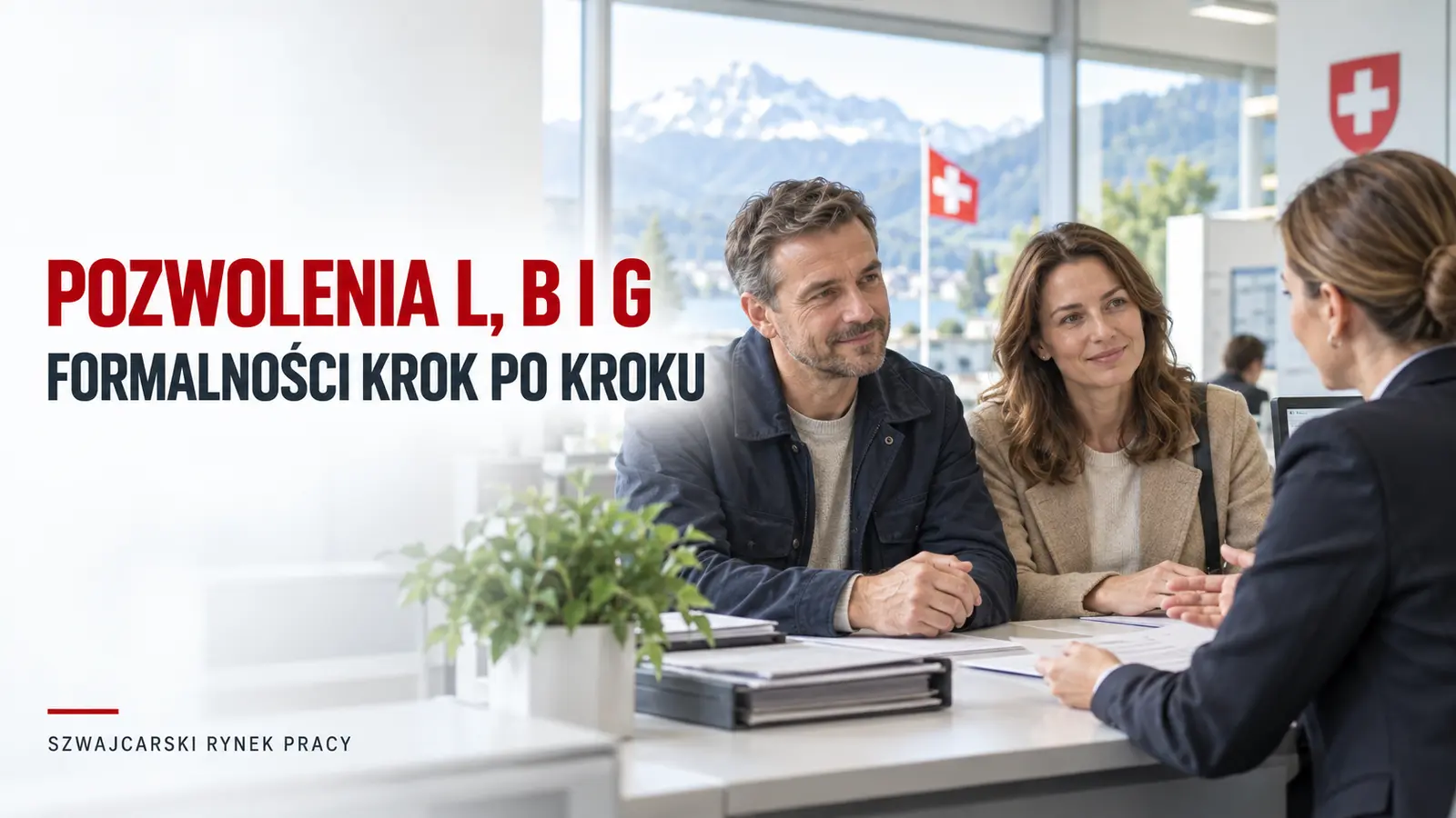 Obywatele Polski wyjaśniający formalności dotyczące pozwoleń L, B i G w szwajcarskim urzędzie